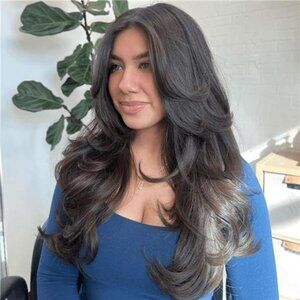 Layered Wavy Wigs with Curtain Bangs Brown Grey